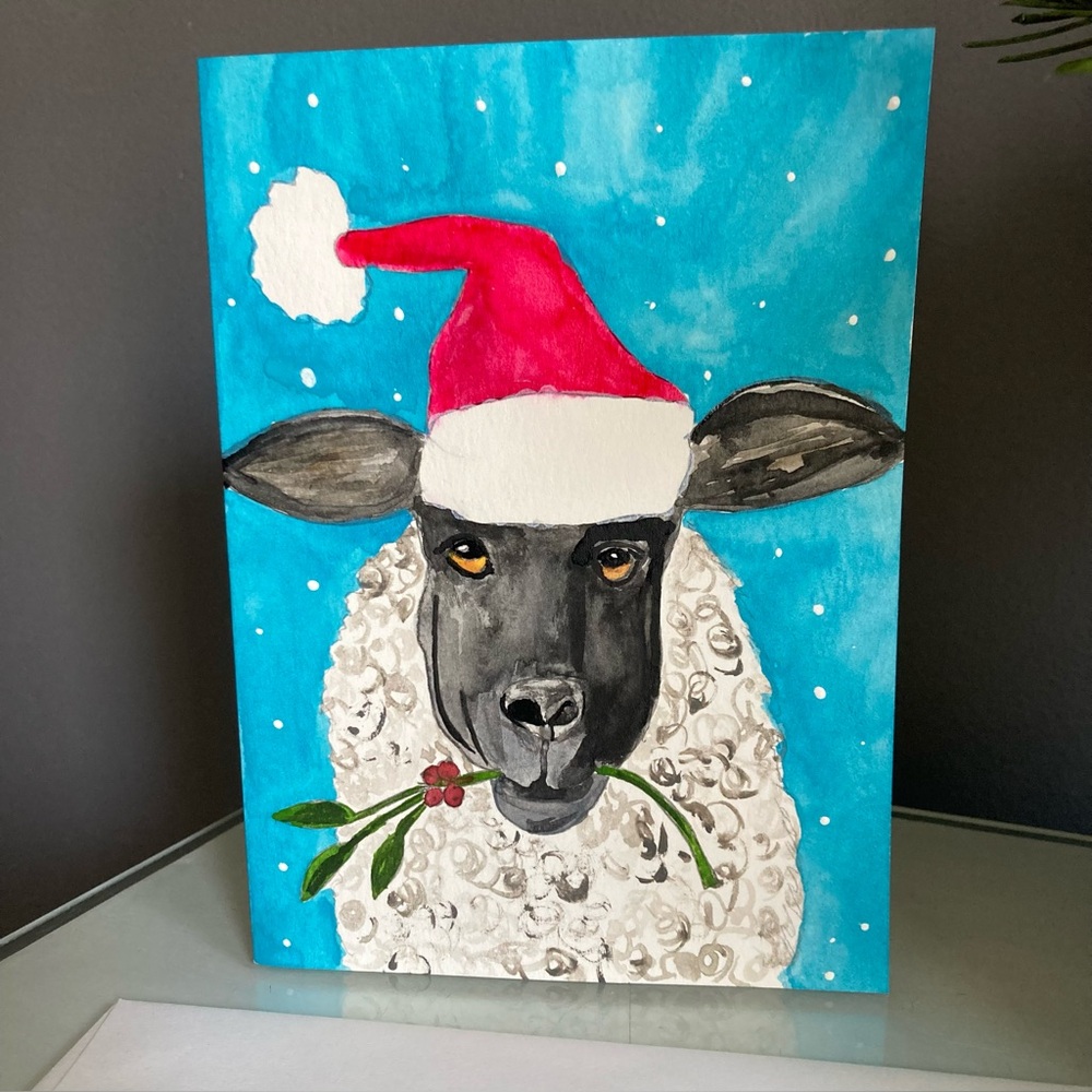 Festive Sheep Hand Painted Holiday Card